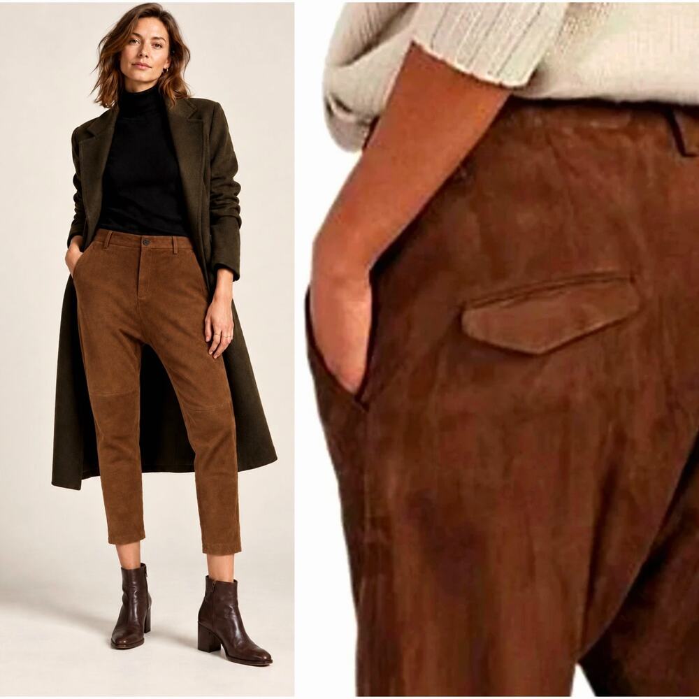 Nili Lotan Goatskin Suede Paris Pants Drop Crotch Slouchy Leather Cognac Brown